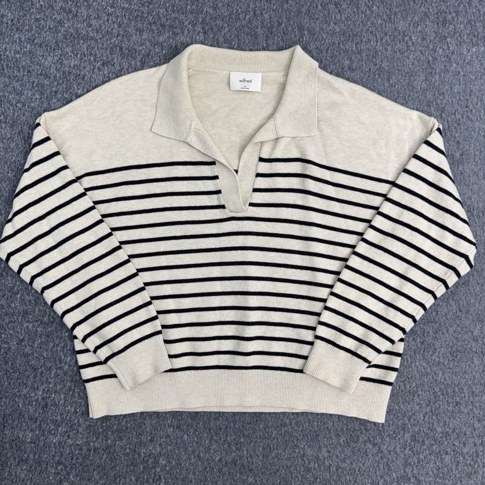Aritzia Wilfred Cropped Polo Sweater Women XL Ivory Black Striped Merino Blend